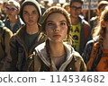 Defiant young urban woman stands out among group of diverse teenagers. 114534682