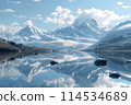The landscape of the river on the background of the mountains. 114534689