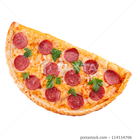 Baked calzone - closed type of pizza that is folded in half decorated with basil twig on a white background Baked calzone - closed type of pizza that is folded in half decorated with basil twig on a white background 114534706