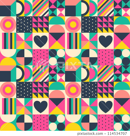 Vector bright summer seamless pattern assembled from squares with geometric ornaments. Vector endless background in modern style Vector bright summer seamless pattern assembled from squares with geometric ornaments. Vector endless background in modern style 114534707