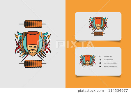 Bearded chef logo with kebab and abstract ornament in vintage style for food and culinary business Bearded chef logo with kebab and abstract ornament in vintage style for food and culinary business 114534977