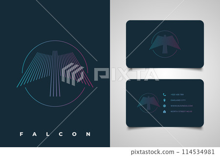Falcon logo in line style with colorful gradient concept. Abstract line logo forming an eagle for your business identity 114534981