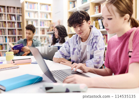 Portrait of young teenage boy looking at laptop screen in school library with group of students copy space Portrait of young teenage boy looking at laptop screen in school library with group of students copy space 114535135