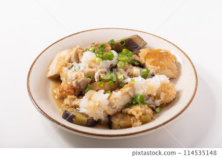 Chicken and eggplant with grated daikon radish and ponzu sauce 114535148