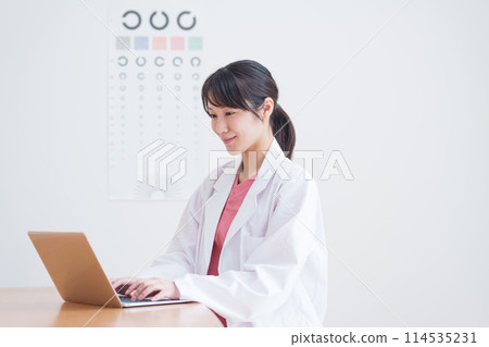 Ophthalmologist inputting data into a computer Ophthalmologist inputting data into a computer 114535231