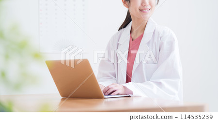 Ophthalmologist inputting data into a computer Ophthalmologist inputting data into a computer 114535239