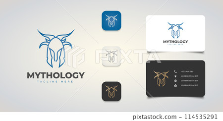 War helmet logo with horns in blue gradient concept, and business card design for your business branding or logo identity 114535291