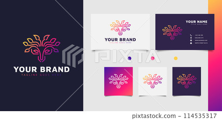 Deer head logo design with leaf ornament in colorful gradient concept 114535317