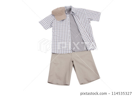 Shirt, hat, shorts on light white background. 114535327