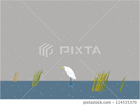 Illustration of a egret standing by the water in the snow Illustration of a egret standing by the water in the snow 114535370
