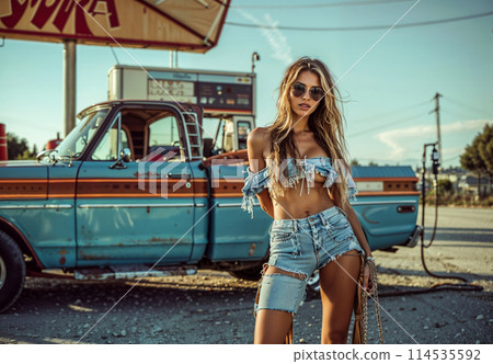 Vintage summer fashion at gas station 114535592