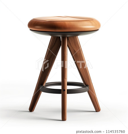 Minimalist modern wooden stool with a rounded top and tapered legs, isolated on a white background. 114535760