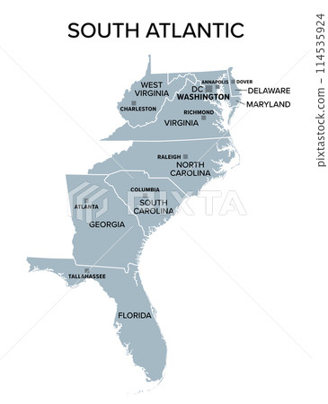 South Atlantic states, gray political map. United States Census division of South region. Delaware, Florida, Georgia, Maryland, North and South Carolina, Virginia, Washington, D.C., and West Virginia. 114535924