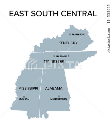 East South Central states, gray political map. United States Census division of the South region, consisting of the states Alabama, Kentucky, Mississippi, and Tennessee. Isolated illustration. Vector 114535925