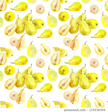 Pattern of fresh ripe yellow honey pear fruits. Hand drawn watercolor illustration. Delicious aromatic fruit ripened on a tree Pattern of fresh ripe yellow honey pear fruits. Hand drawn watercolor illustration. Delicious aromatic fruit ripened on a tree 114536444