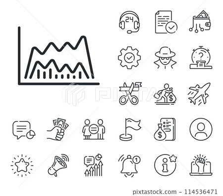 Economic graph sign. Salaryman, gender equality and alert bell outline icons. Investment chart line icon. Stock exchange symbol. Business finance. Trade chart line sign. Vector Economic graph sign. Salaryman, gender equality and alert bell outline icons. Investment chart line icon. Stock exchange symbol. Business finance. Trade chart line sign. Vector 114536471