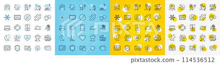 Vector icons set of Love tickets, Deckchair and Game console line icons pack for web with Grill, Travel calendar, Crane claw machine outline icon. Photo, Nice girl, Snowflake pictogram. Vector 114536512