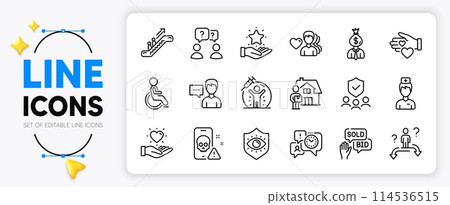 Time management, Hold heart and Escalator line icons set for app include Vaccine protection, Business choice, Man love outline thin icon. Doctor, Manager, Teamwork questions pictogram icon. Vector 114536515