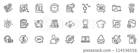 Icons pack as Reject certificate, 360 degree and Food delivery line icons for app include Augmented reality, Love gift, Vip shopping outline thin icon web set. Time change. Vector Icons pack as Reject certificate, 360 degree and Food delivery line icons for app include Augmented reality, Love gift, Vip shopping outline thin icon web set. Time change. Vector 114536558