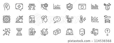 Icons pack as Dirty water, Difficult stress and Qr code line icons for app include Trade infochart, Medical tablet, Mindfulness stress outline thin icon web set. Magic wand. Vector 114536568