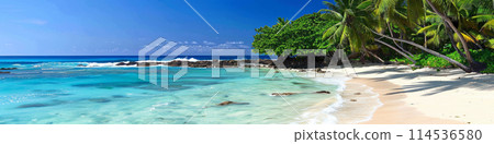 Azure ocean water and tropical sand. Vacation banner. Tourism and travel concept Azure ocean water and tropical sand. Vacation banner. Tourism and travel concept 114536580