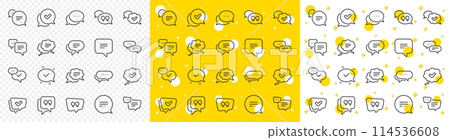 Approved, Checkmark box and Social media message. Chat and quote line icons. Chat speech bubble, Tick or check mark, Comment quote icons. Think, approved talk, speech bubble. Vector 114536608