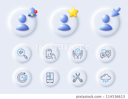 Cut tax, Scroll down and Cloud computing line icons. Placeholder with 3d cursor, bell, star. Pack of Search text, Time management, Safe time icon. 24h delivery, Refrigerator pictogram. Vector 114536613