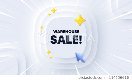 Warehouse sale tag. Neumorphic banner with sunburst. Special offer price sign. Advertising discounts symbol. Warehouse sale message. Banner with 3d cursor. Circular neumorphic template. Vector Warehouse sale tag. Neumorphic banner with sunburst. Special offer price sign. Advertising discounts symbol. Warehouse sale message. Banner with 3d cursor. Circular neumorphic template. Vector 114536616