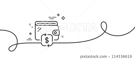 Wallet line icon. Continuous one line with curl. Transfer money purse sign. Cash budget symbol. Wallet single outline ribbon. Loop curve pattern. Vector 114536619
