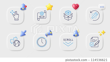 Recovery tool, Voting ballot and Cogwheel blueprint line icons. Buttons with 3d bell, chat speech, cursor. Pack of Move gesture, World communication, Time icon. Vector Recovery tool, Voting ballot and Cogwheel blueprint line icons. Buttons with 3d bell, chat speech, cursor. Pack of Move gesture, World communication, Time icon. Vector 114536621