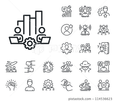 Remote office sign. Specialist, doctor and job competition outline icons. Teamwork chart line icon. Team employees symbol. Teamwork chart line sign. Avatar placeholder, spy headshot icon. Vector 114536623