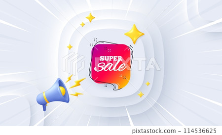 Super sale banner. Neumorphic offer 3d banner, poster. Discount sticker shape. Coupon chat bubble icon. Super sale promo event background. Sunburst banner, flyer or coupon. Vector 114536625
