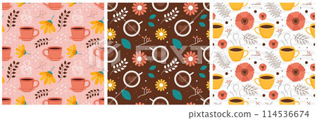 Coffee Time Seamless Pattern Design With Cacao Beans, Grains and Jug in Cartoon Flat Illustration 114536674