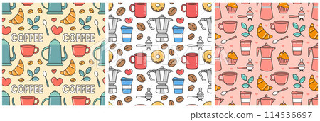 Coffee Time Seamless Pattern Design With Cacao Beans, Grains and Jug in Cartoon Flat Illustration 114536697