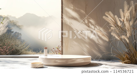 A white round podium for the presentation of products 114536721