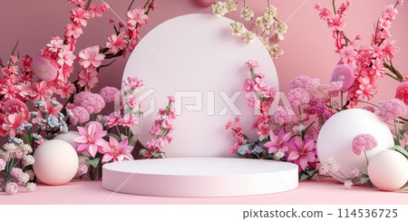 Double pink podium with delicate flowers 114536725