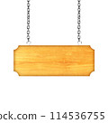 Wooden sign hanging on a chain isolated on white 114536755