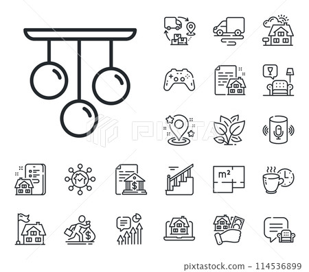 Fixture light sign. Floor plan, stairs and lounge room outline icons. Ceiling lamp line icon. Interior illuminate symbol. Ceiling lamp line sign. House mortgage, sell building icon. Vector 114536899