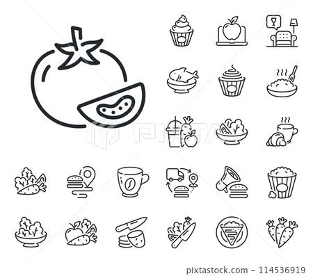 Vegetable food sign. Crepe, sweet popcorn and salad outline icons. Tomato line icon. Diet nutrition symbol. Tomato line sign. Pasta spaghetti, fresh juice icon. Supply chain. Vector 114536919