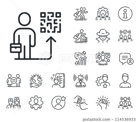 Person with qr code sign. Specialist, doctor and job competition outline icons. Leadership line icon. Business skill symbol. Leadership line sign. Avatar placeholder, spy headshot icon. Vector Person with qr code sign. Specialist, doctor and job competition outline icons. Leadership line icon. Business skill symbol. Leadership line sign. Avatar placeholder, spy headshot icon. Vector 114536933