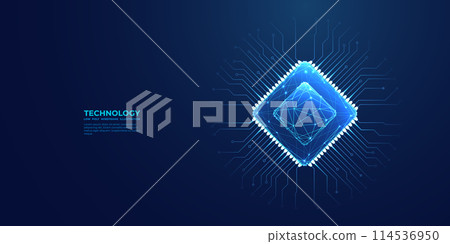 Computer chip on a circuit board. Light blue polygonal semiconductor. 114536950