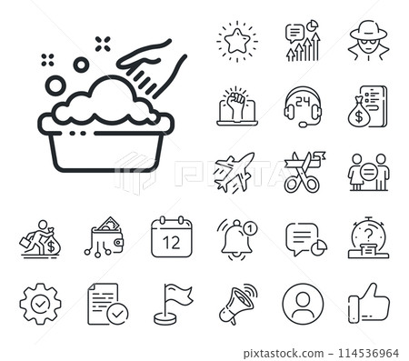 Laundry service sign. Salaryman, gender equality and alert bell outline icons. Hand washing line icon. Clothing cleaner symbol. Hand washing line sign. Spy or profile placeholder icon. Vector Laundry service sign. Salaryman, gender equality and alert bell outline icons. Hand washing line icon. Clothing cleaner symbol. Hand washing line sign. Spy or profile placeholder icon. Vector 114536964