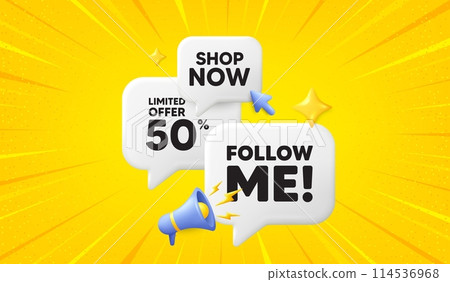 Follow me tag. 3d offer chat speech bubbles. Special offer sign. Super offer symbol. Follow me speech bubble 3d message. Talk box megaphone banner. Vector 114536968