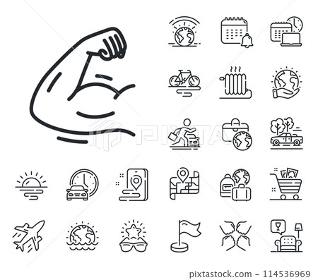 Strength muscle sign. Plane jet, travel map and baggage claim outline icons. Strong arm line icon. Gym fit training symbol. Strong arm line sign. Car rental, taxi transport icon. Vector 114536969