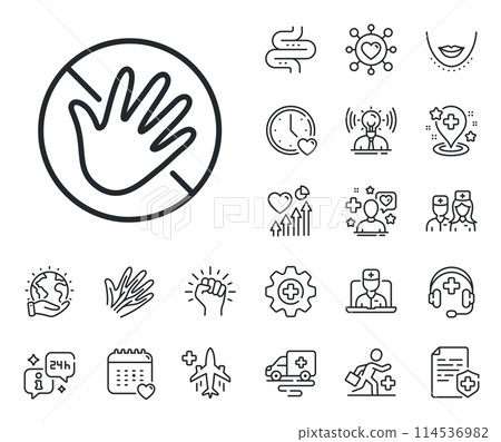 Hygiene rules - No touch with bare hand sign. Online doctor, patient and medicine outline icons. Do not touch hand line icon. For clean hands symbol. Do not touch line sign. Vector 114536982