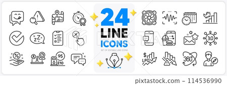 Icons set of Deflation, Loan percent and Smartphone message line icons pack for app with Employees messenger, Video conference, Rise price thin outline icon. Growth chart, Edit person. Vector 114536990