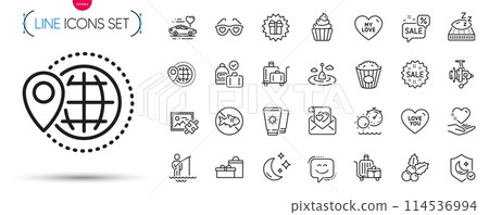 Pack of Tanning time, Fishing reel and Surprise gift line icons. Include Love letter, Luggage trolley, World travel pictogram icons. Cupcake, Honeymoon travel, Popcorn signs. Hold heart. Vector Pack of Tanning time, Fishing reel and Surprise gift line icons. Include Love letter, Luggage trolley, World travel pictogram icons. Cupcake, Honeymoon travel, Popcorn signs. Hold heart. Vector 114536994