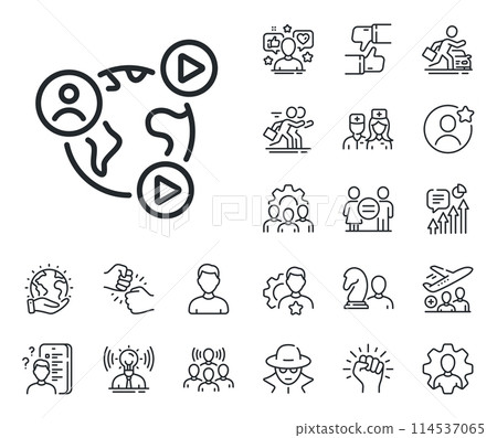 Online training sign. Specialist, doctor and job competition outline icons. Virtual conference line icon. Web presentation symbol. Video conference line sign. Vector Online training sign. Specialist, doctor and job competition outline icons. Virtual conference line icon. Web presentation symbol. Video conference line sign. Vector 114537065