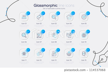 Set of Payment, Phone timing and Cogwheel line icons for web app. Video conference, Star, Globe icons. Qr code, Analytics, New products signs. Share, Lightning bolt, Click. Waterproof. Vector Set of Payment, Phone timing and Cogwheel line icons for web app. Video conference, Star, Globe icons. Qr code, Analytics, New products signs. Share, Lightning bolt, Click. Waterproof. Vector 114537068