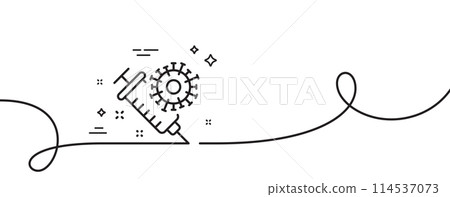 Coronavirus vaccine line icon. Continuous one line with curl. Covid-19 syringe sign. Corona virus symbol. Coronavirus vaccine single outline ribbon. Loop curve pattern. Vector 114537073